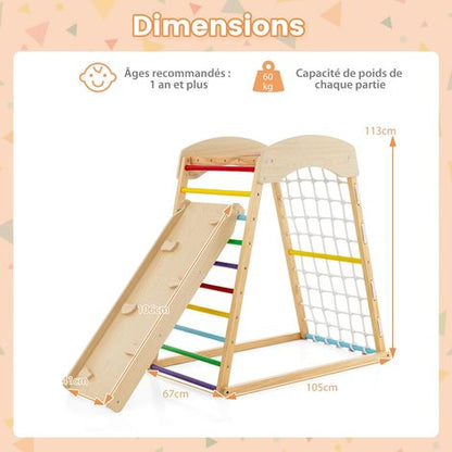 Schéma des dimensions de l'aire de jeux Montessori 6-en-1 en bois Petit Éveil Montessori avec toboggan et escalade