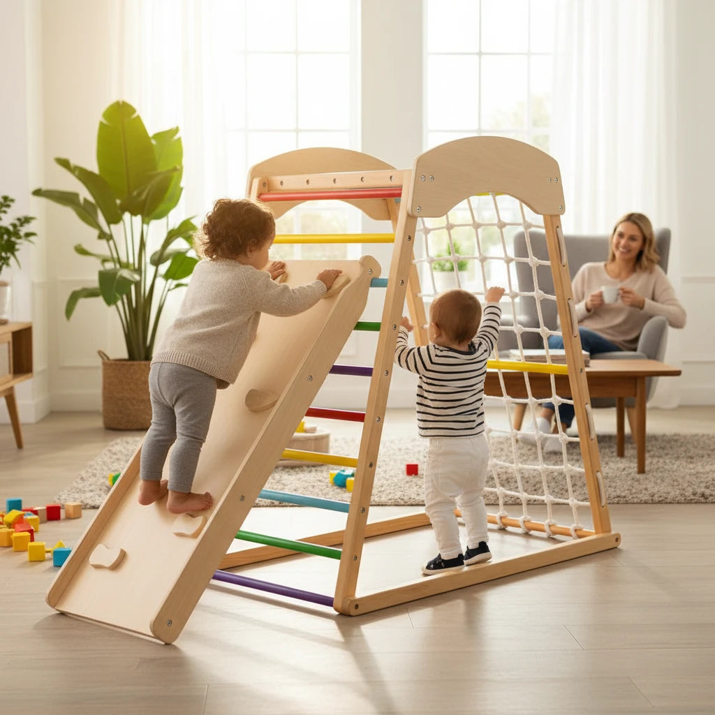 Aire de jeux Petit Éveil Montessori 6-en-1 en bois avec toboggan, filet d'escalade et barres colorées pour enfants