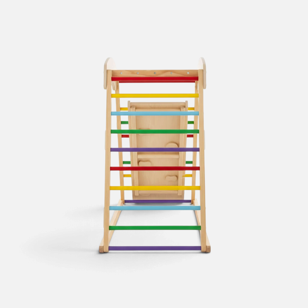 Aire de jeux Montessori 6-en-1 en bois Petit Éveil Montessori avec barreaux colorés et toboggan réversible