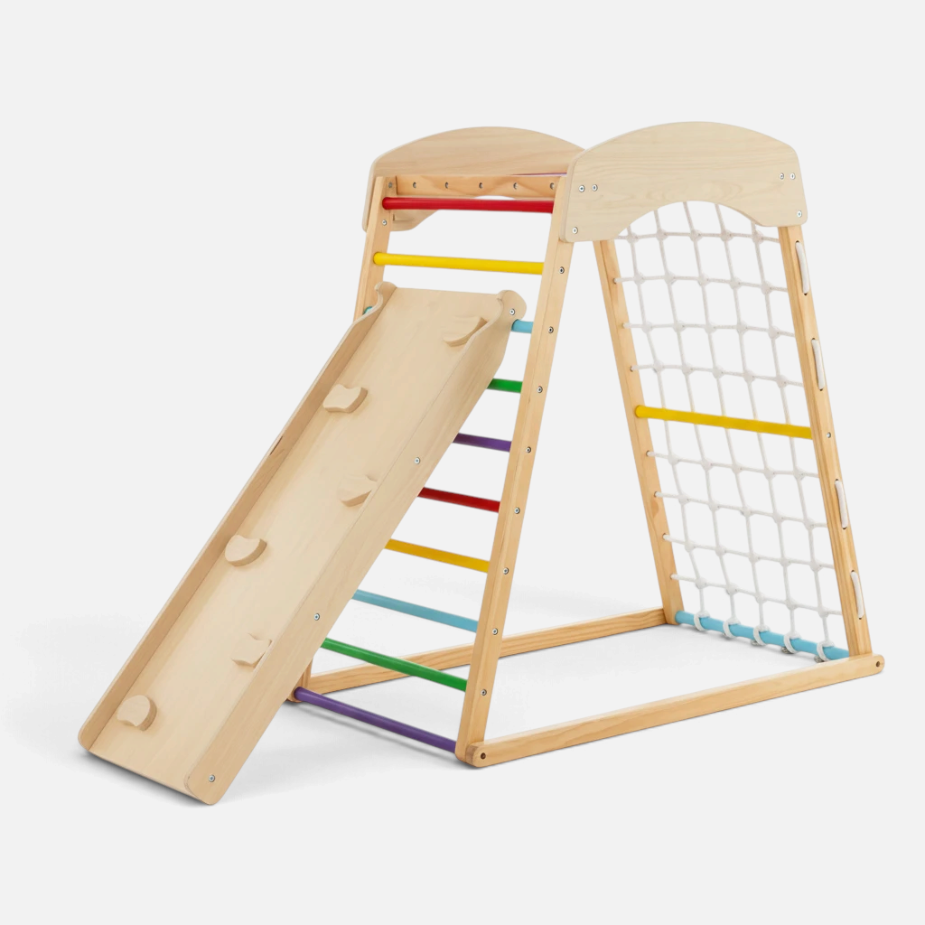 Aire de jeux Montessori 6-en-1 Petit Éveil Montessori en bois avec toboggan réversible, filet et barreaux colorés