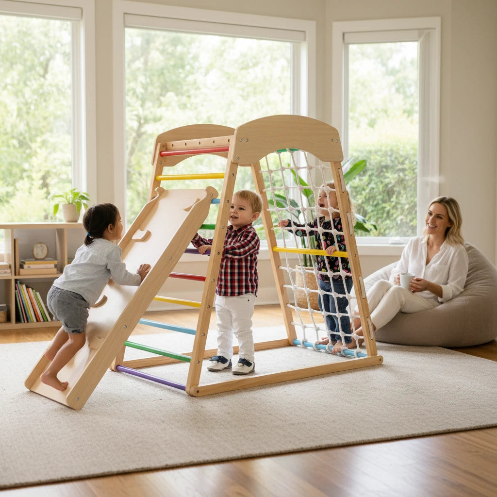 Aire de jeux Montessori 6-en-1 Petit Éveil Montessori en bois avec toboggan, filet et échelle pour enfants