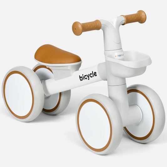 Petit Éveil Montessori AIYAPLAY 4-wheel baby balance bike in white and tan with a front storage basket