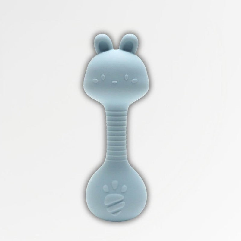 Anneau de dentition hochet bleu en silicone Petit Éveil Montessori avec tête d'animal et empreinte de patte