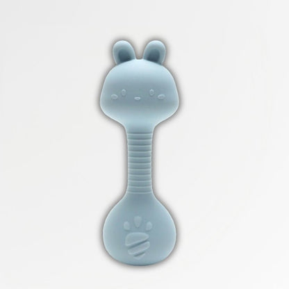 Anneau de dentition hochet bleu en silicone Petit Éveil Montessori avec tête d'animal et empreinte de patte