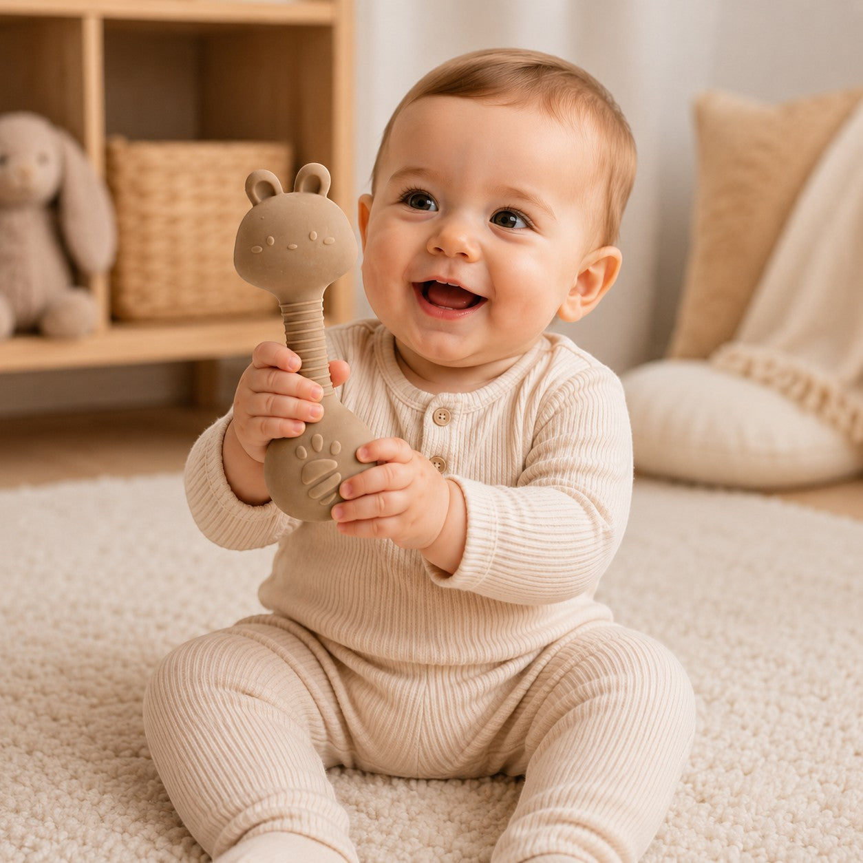 Anneau de dentition hochet en silicone beige en forme d'animal, idéal pour bébé. Petit Éveil Montessori.