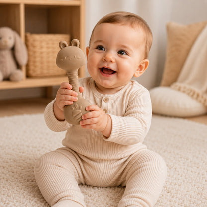 Anneau de dentition hochet en silicone beige en forme d'animal, idéal pour bébé. Petit Éveil Montessori.