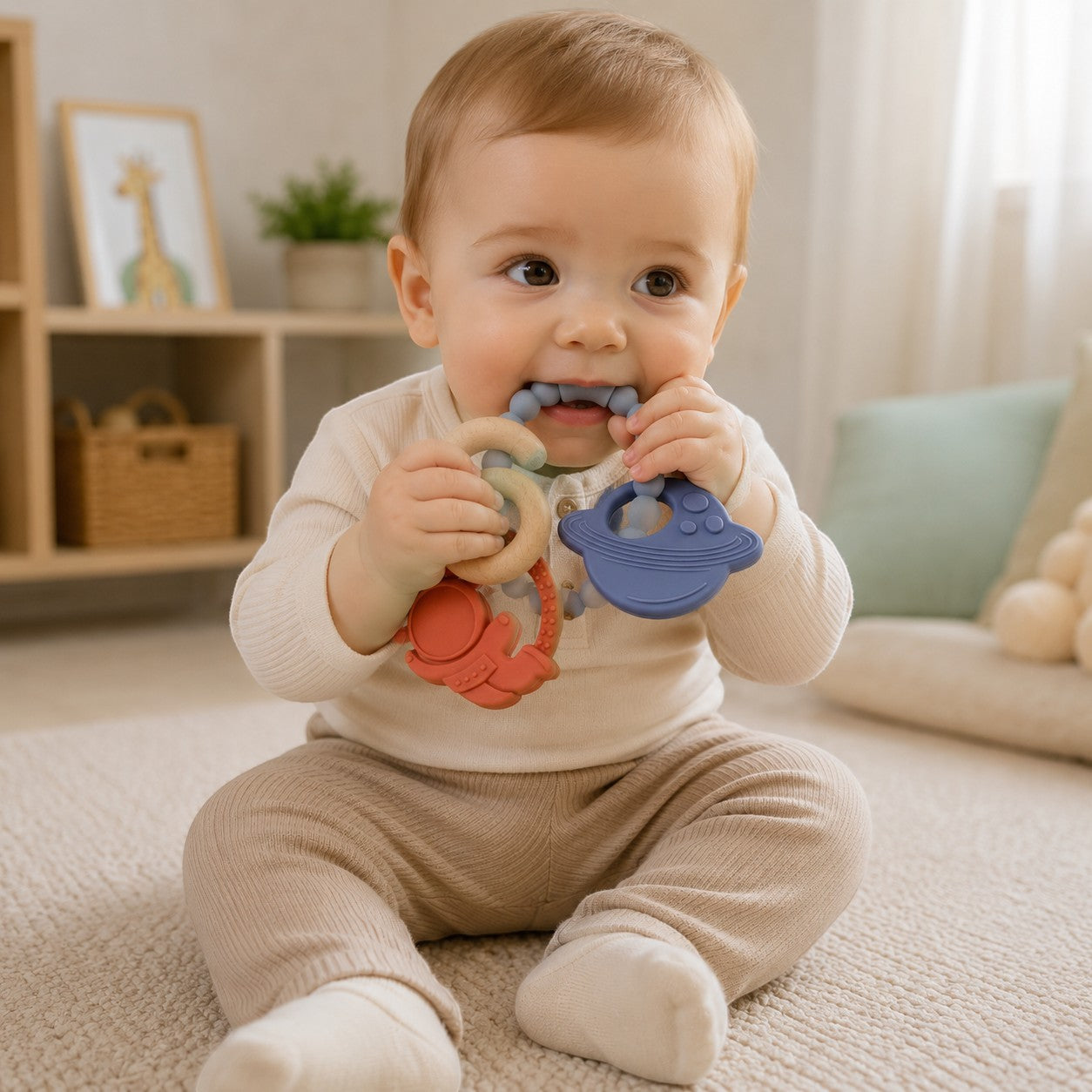 Petit Éveil Montessori anneau de dentition en silicone pour bébé, forme astronaute et planète, couleurs bleu et orange.