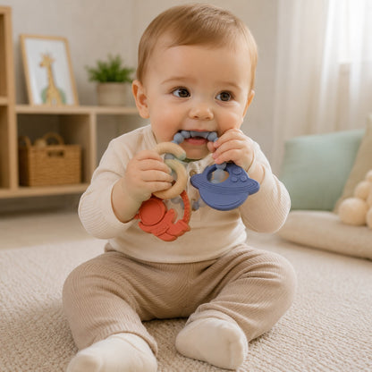 Petit Éveil Montessori anneau de dentition en silicone pour bébé, forme astronaute et planète, couleurs bleu et orange.
