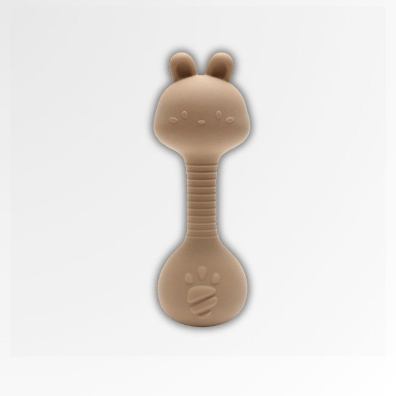 Anneau de dentition hochet en silicone beige Petit Éveil Montessori avec tête d'ours et empreinte de patte