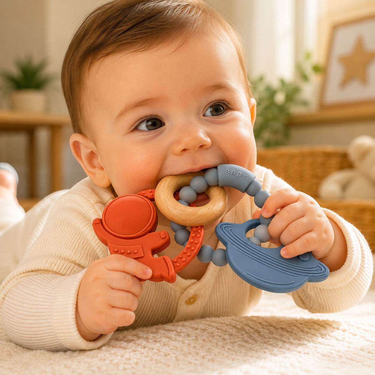 Anneau de dentition Petit Éveil Montessori en silicone et bois, forme astronaute et planète, bleu et orange.