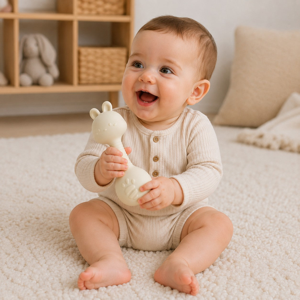 Petit Éveil Montessori anneau de dentition hochet en silicone pour bébé, couleur crème, forme girafe.
