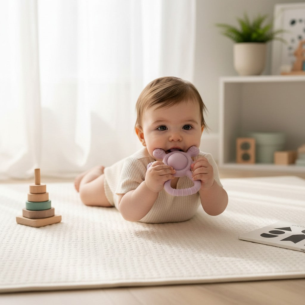 Anneau de dentition en silicone Petit Éveil Montessori, sans BPA, aux couleurs pastel, forme étoile avec reliefs pour bébé.