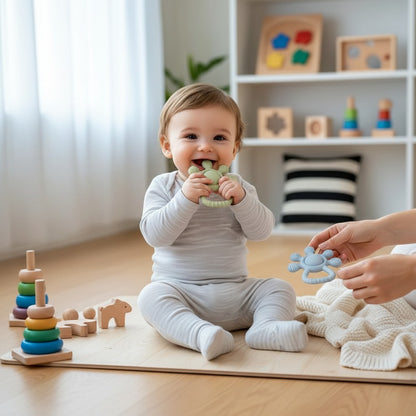Petit Éveil Montessori : anneau de dentition en silicone sans BPA, vert et bleu, pour bébé, apaisant et stimulant.