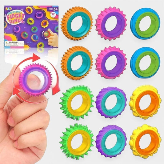 Lot de 12 anneaux Fidget Montessori en silicone coloré pour enfants, idéaux pour la concentration et la motricité.