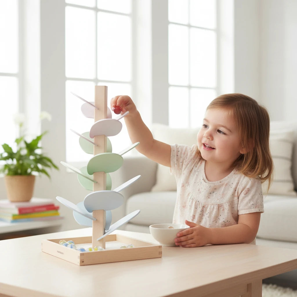 Enfant jouant avec l'arbre sonore en bois Petit Éveil Montessori Mamabrum aux feuilles pastel et balles colorées
