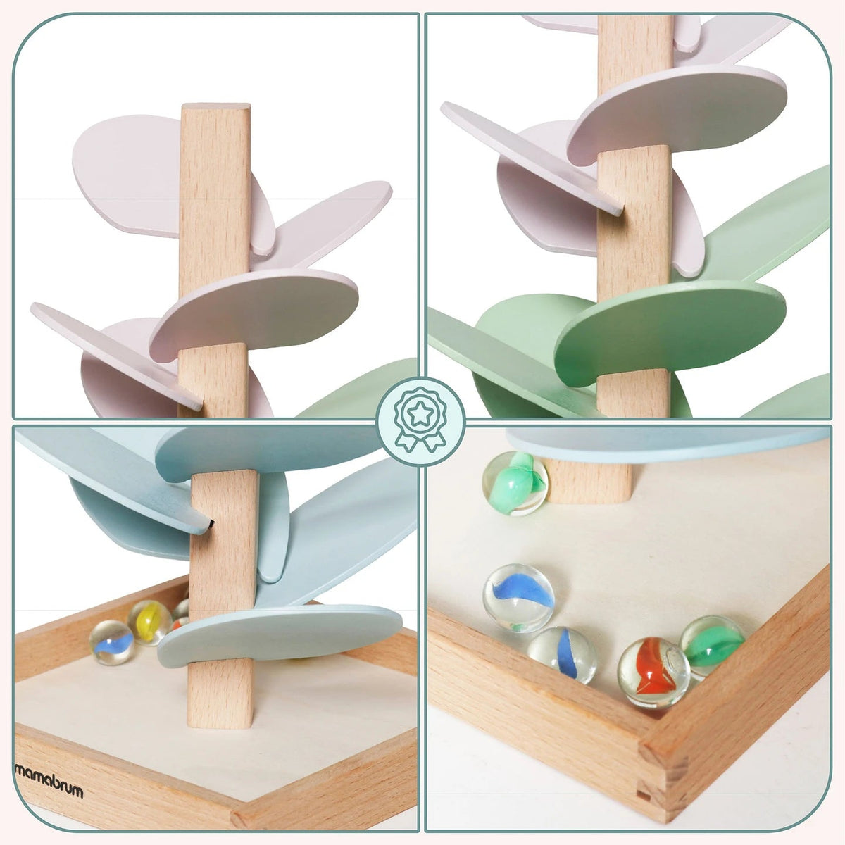 Arbre sonore en bois Petit Éveil Montessori avec feuilles pastel et balles transparentes pour circuit sensoriel