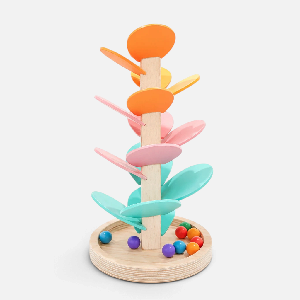 Arbre sonore en bois Petit Éveil Montessori Mamabrum avec 15 feuilles pastel et balles colorées pour motricité fine