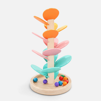 Arbre sonore en bois Petit Éveil Montessori Mamabrum avec 15 feuilles pastel et balles colorées pour motricité fine