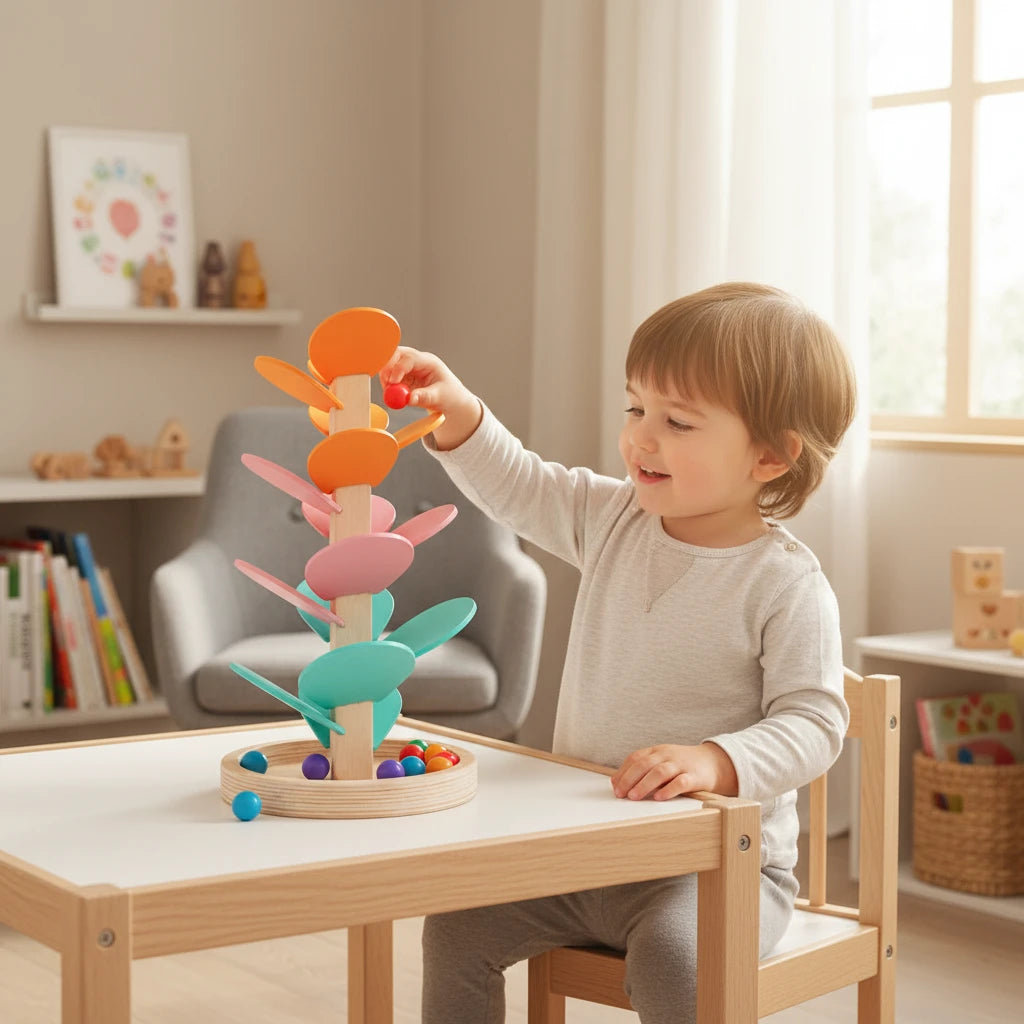 Enfant jouant avec un arbre sonore en bois Mamabrum Petit Éveil Montessori aux feuilles pastel et balles colorées