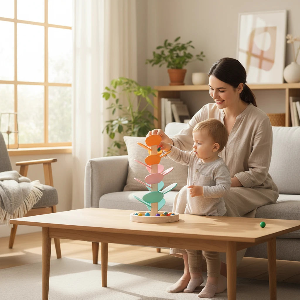 Petit Éveil Montessori Arbre Sonore en bois avec feuilles pastel et balles, utilisé par un enfant et sa maman.