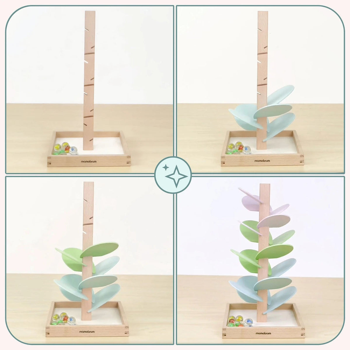 Arbre sonore Montessori Petit Éveil Montessori en bois avec 15 feuilles pastel et 8 balles, montrant les étapes de montage