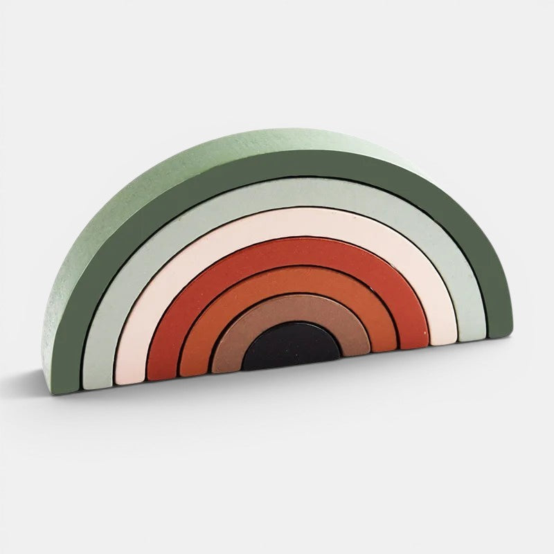 Arc-en-ciel Montessori en bois, jouet de construction aux couleurs terreuses, 7 arches empilables pour stimuler la créativité.