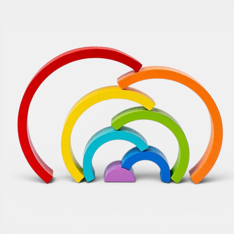Arc-en-ciel Montessori en bois, jouet de construction coloré pour stimuler la créativité et la motricité.