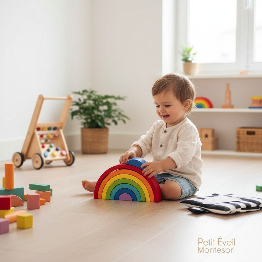 Arc-en-ciel Montessori en bois, jouet empilable aux couleurs vives, idéal pour la motricité et la créativité.