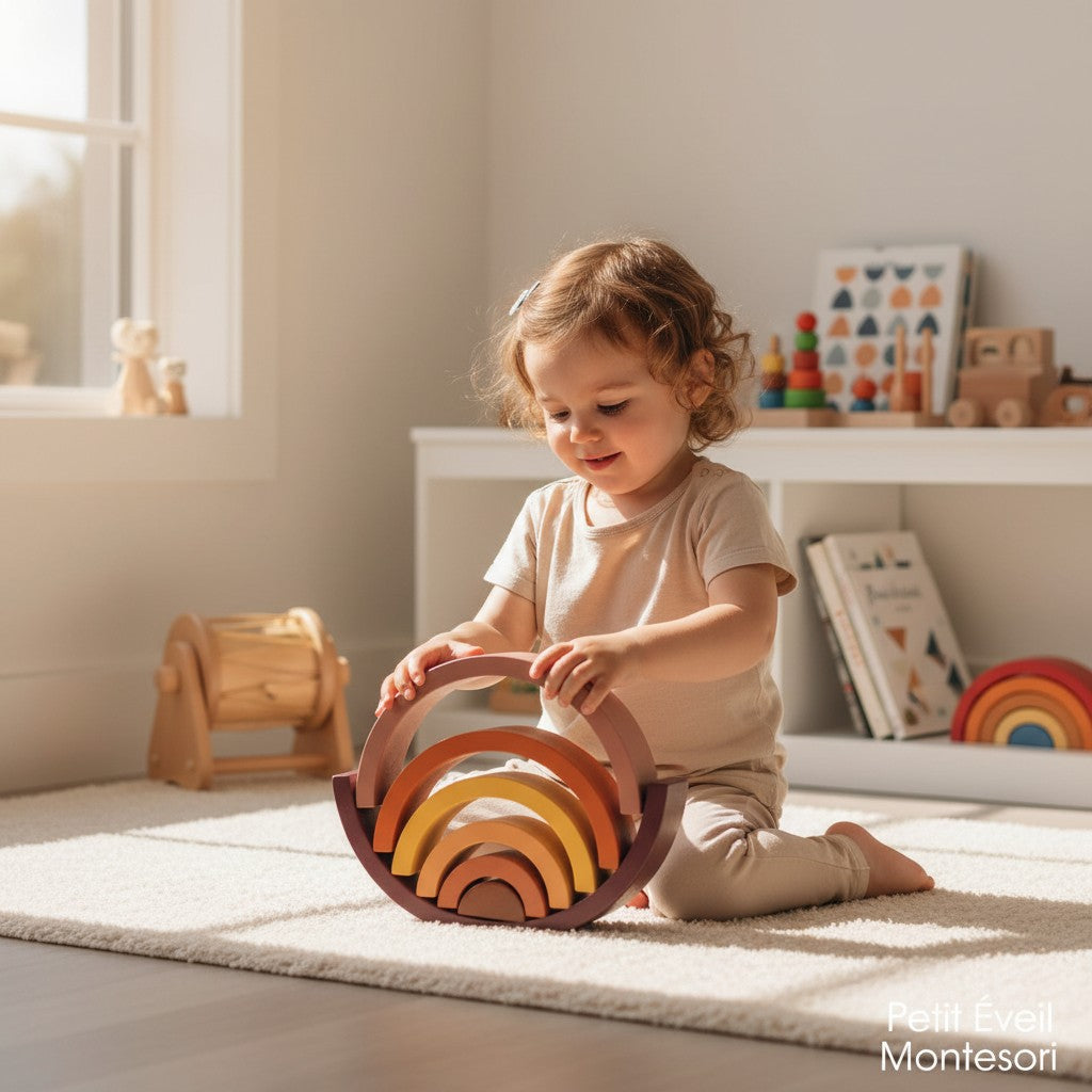 Petit Éveil Montessori arc-en-ciel en bois, jouet de construction empilable aux couleurs pastel, 7 pièces.