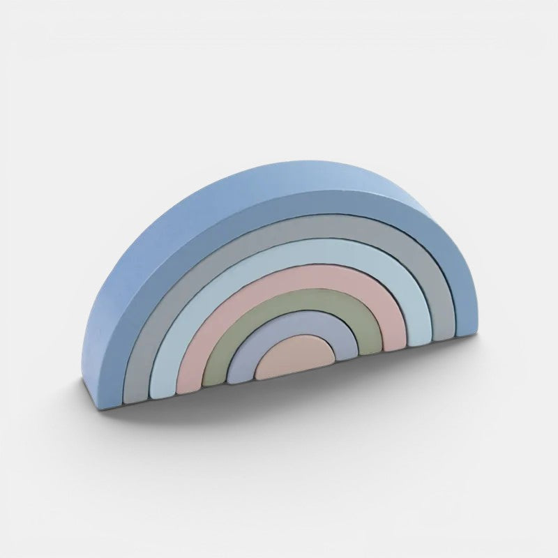 Arc-en-ciel Montessori en bois, jouet empilable aux couleurs pastel, idéal pour stimuler la créativité et la motricité.