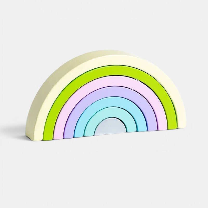 Arc-en-ciel Montessori en bois pastel, jouet empilable pour enfants, 6 arches de couleurs douces, éducatif et créatif.