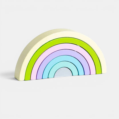 Arc-en-ciel Montessori en bois pastel, jouet empilable pour enfants, 6 arches de couleurs douces, éducatif et créatif.