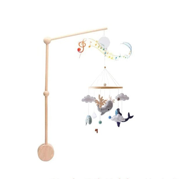 Arche Montessori Bébé en bois avec baleines, nuages et musique. Jouet suspendu pour éveiller les sens.