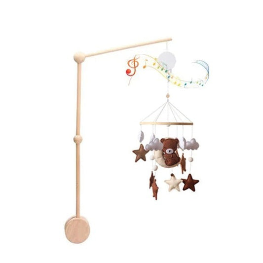 Arche Montessori Bébé en bois avec ours, étoiles et nuages suspendus. Musique et éléments éducatifs.