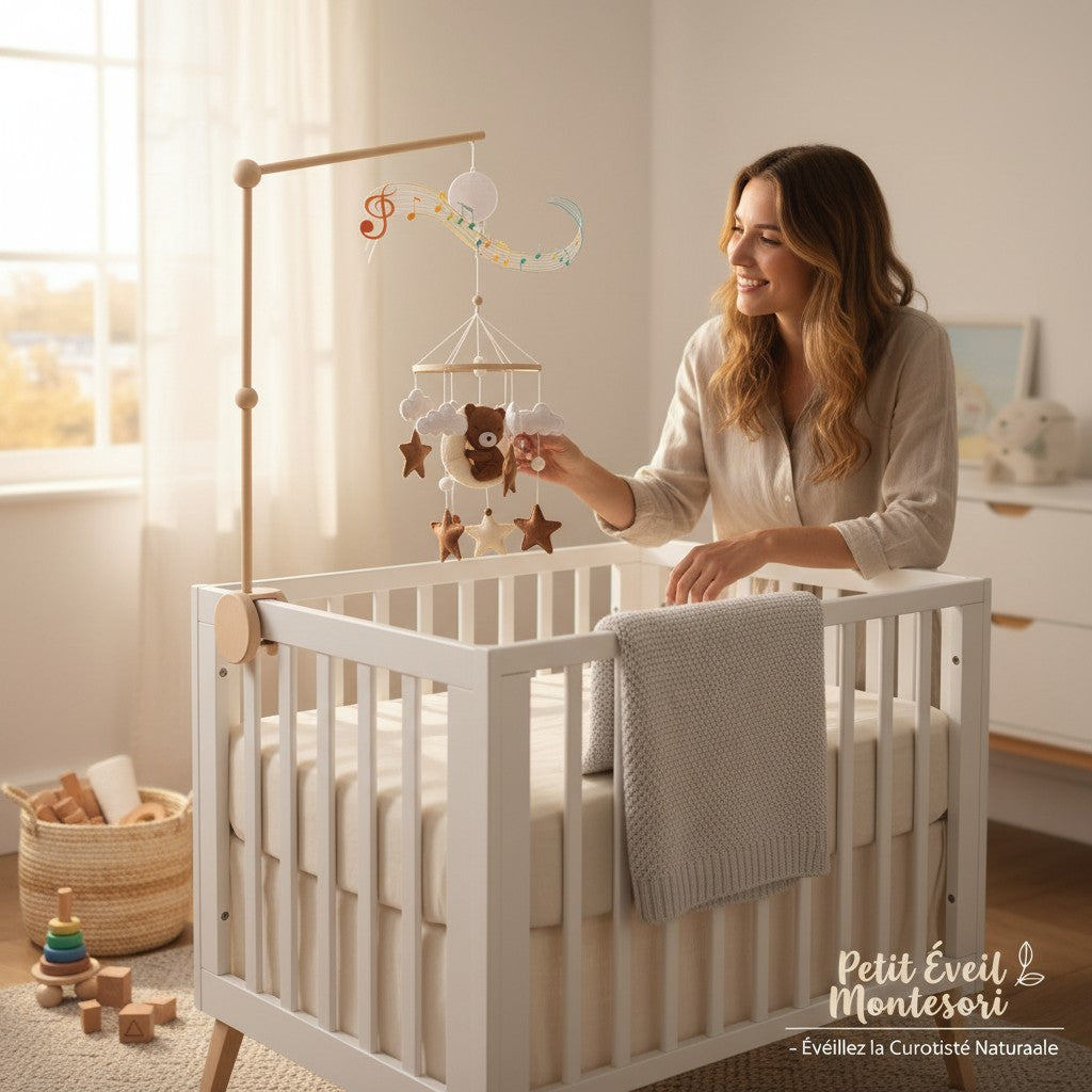 Arche Montessori Bébé en bois avec ours, étoiles et nuages suspendus. Musique et éléments éducatifs. Par Petit Éveil Montessori.