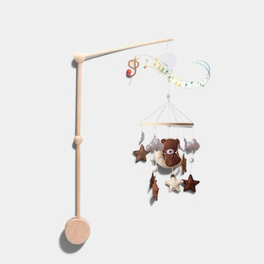 Arche Montessori Bébé en bois avec ours, étoiles et nuages suspendus. Musique et éléments éducatifs.