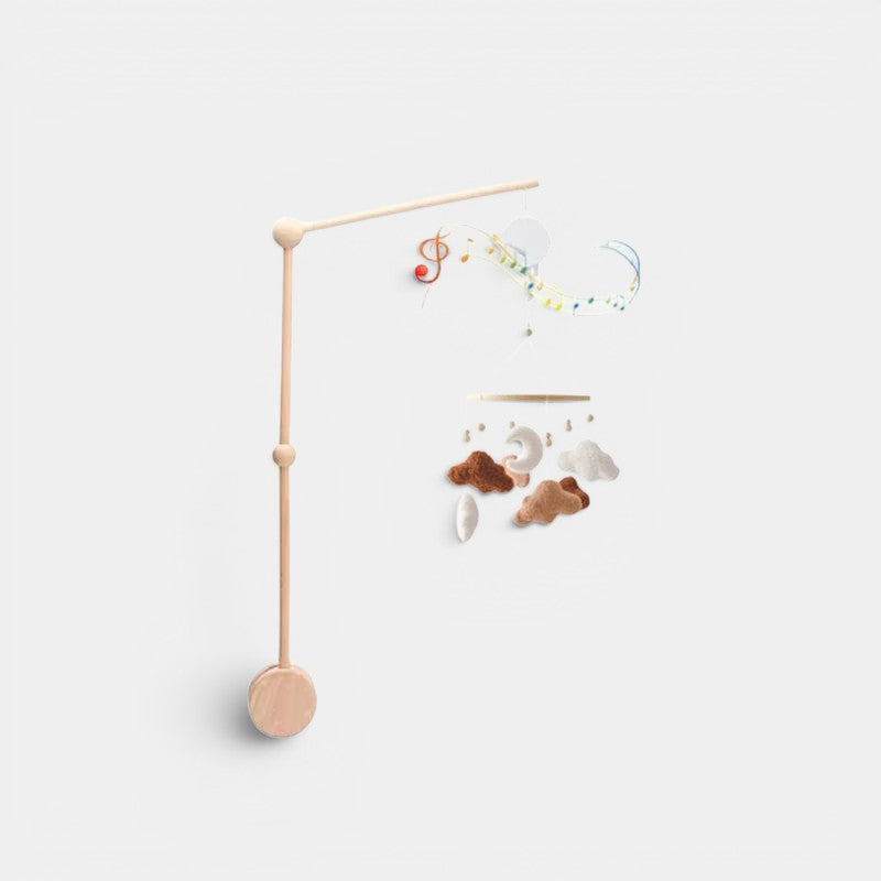 Arche Montessori Bébé en bois avec nuages, lune et notes de musique. Jouets suspendus pour stimuler les sens.