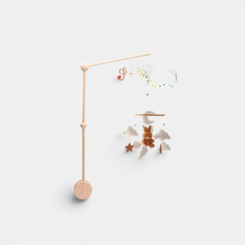 Arche Montessori Bébé en bois avec mobile musical, jouets suspendus lapin, nuages et étoile. Petit Éveil Montessori.
