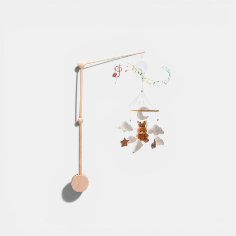 Arche Montessori Bébé en bois avec mobile musical, jouets suspendus lapin, nuages et étoile. Petit Éveil Montessori.
