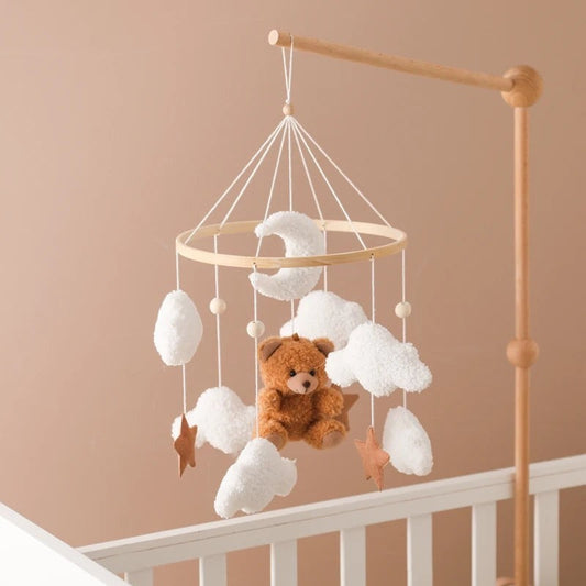 Petit Éveil Montessori arche en bois avec mobile ours en peluche, nuages, étoiles et lune pour bébé
