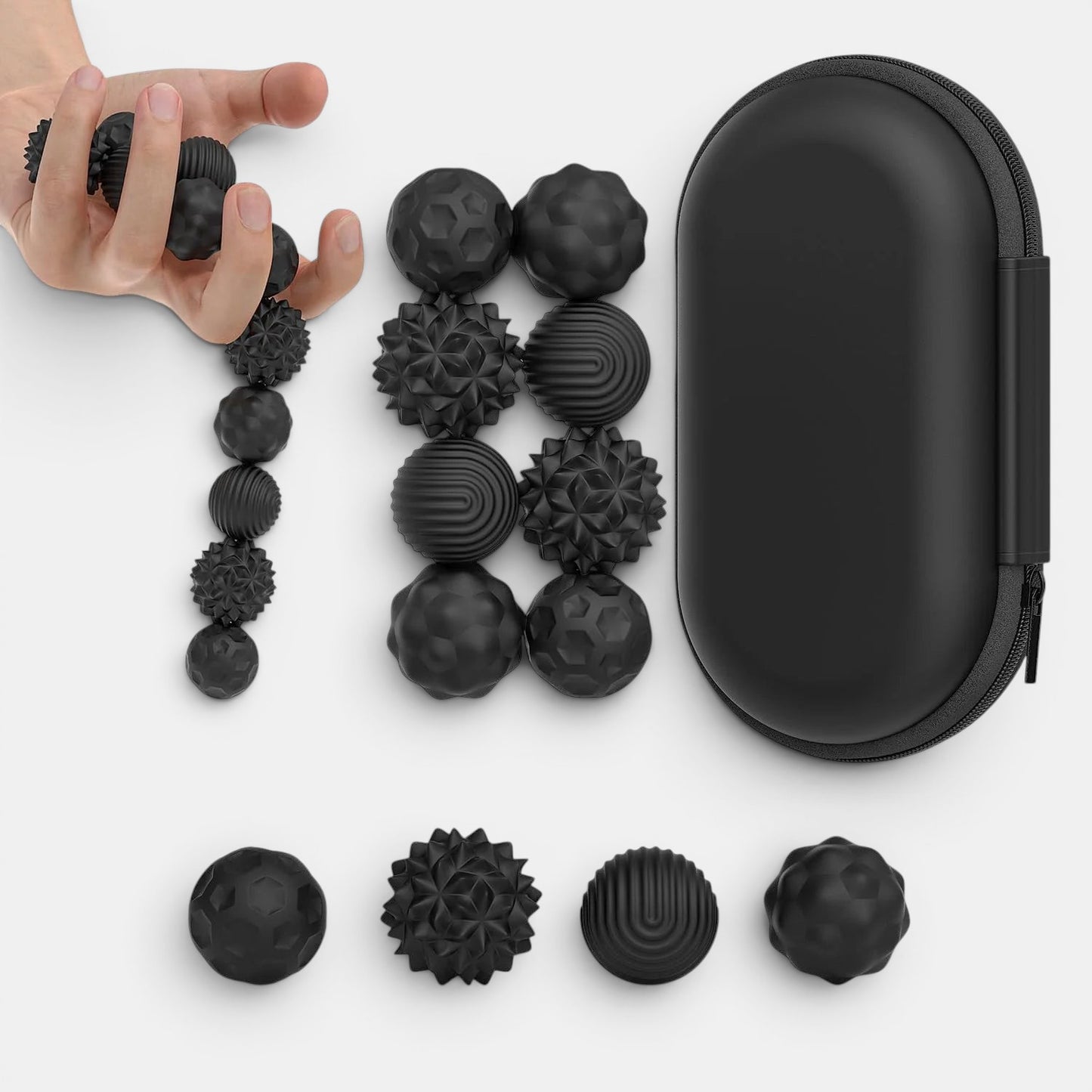 Lot de balles sensorielles magnétiques noires Petit Éveil Montessori, idéales pour la relaxation et la concentration.