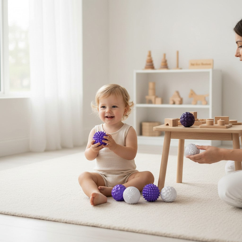 Balle sensorielle magnétique Montessori, lot de 6 balles texturées violettes et blanches pour la relaxation et la concentration.