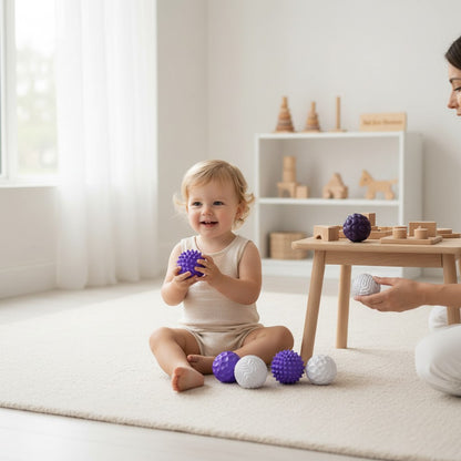 Balle sensorielle magnétique Montessori, lot de 6 balles texturées violettes et blanches pour la relaxation et la concentration.