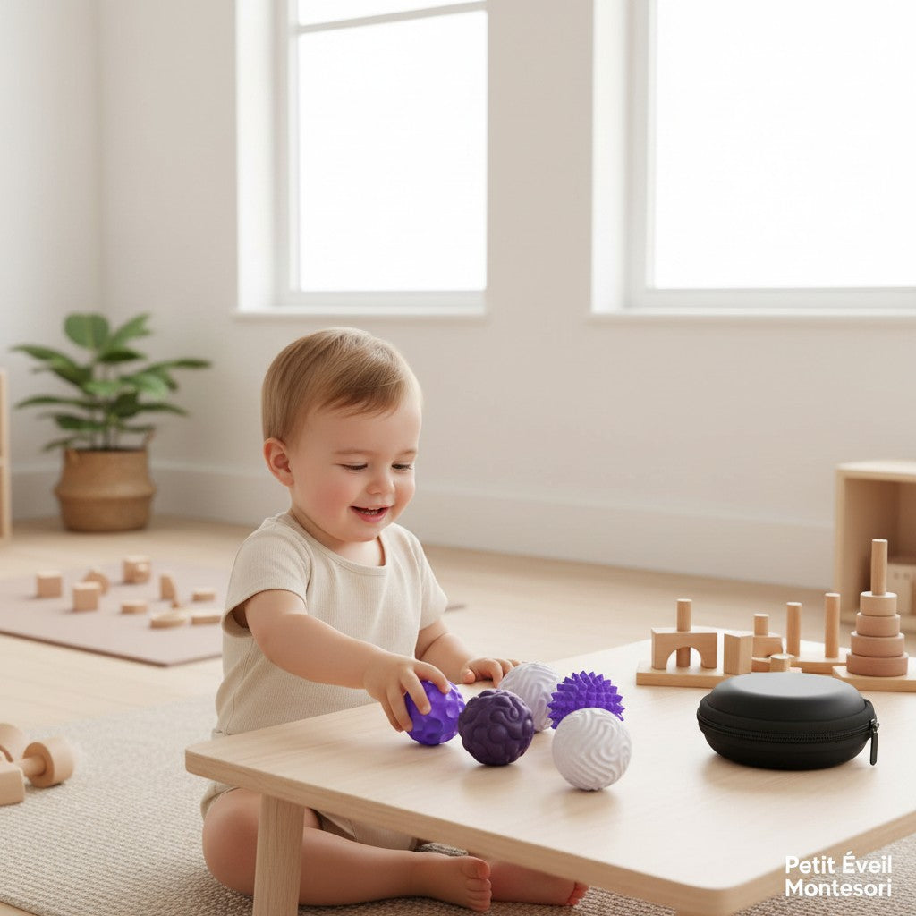 Balle sensorielle magnétique Montessori, lot de 6 balles texturées violettes et blanches pour la relaxation et la concentration.