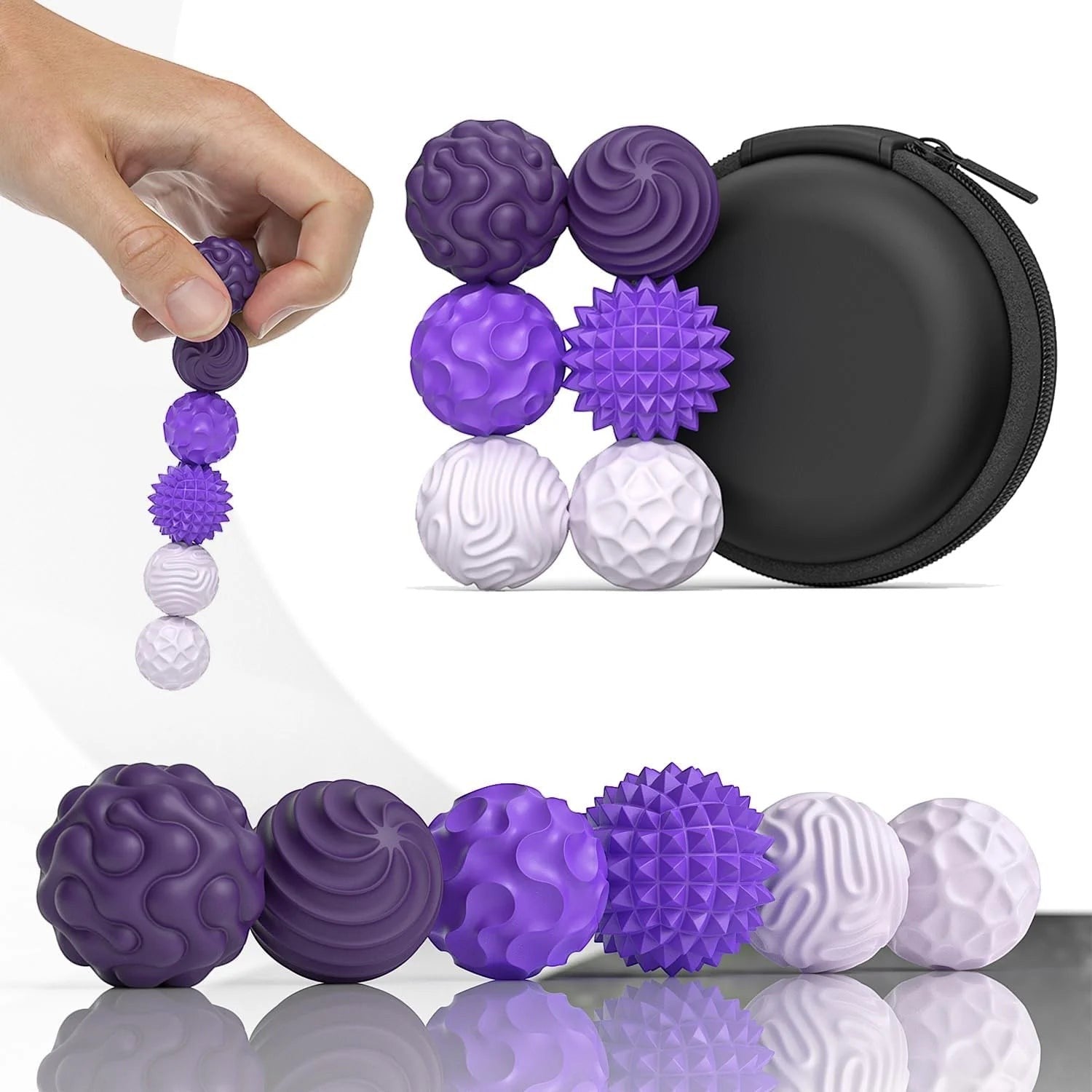 Balle sensorielle magnétique Montessori, lot de 6 balles texturées violettes et blanches pour la relaxation et la concentration.