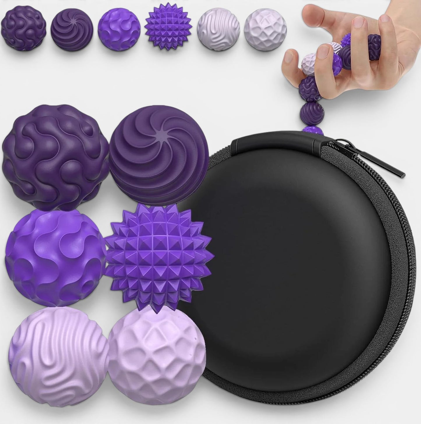 Balle sensorielle magnétique Montessori violette et lavande avec différentes textures, idéale pour la relaxation et la concentration.