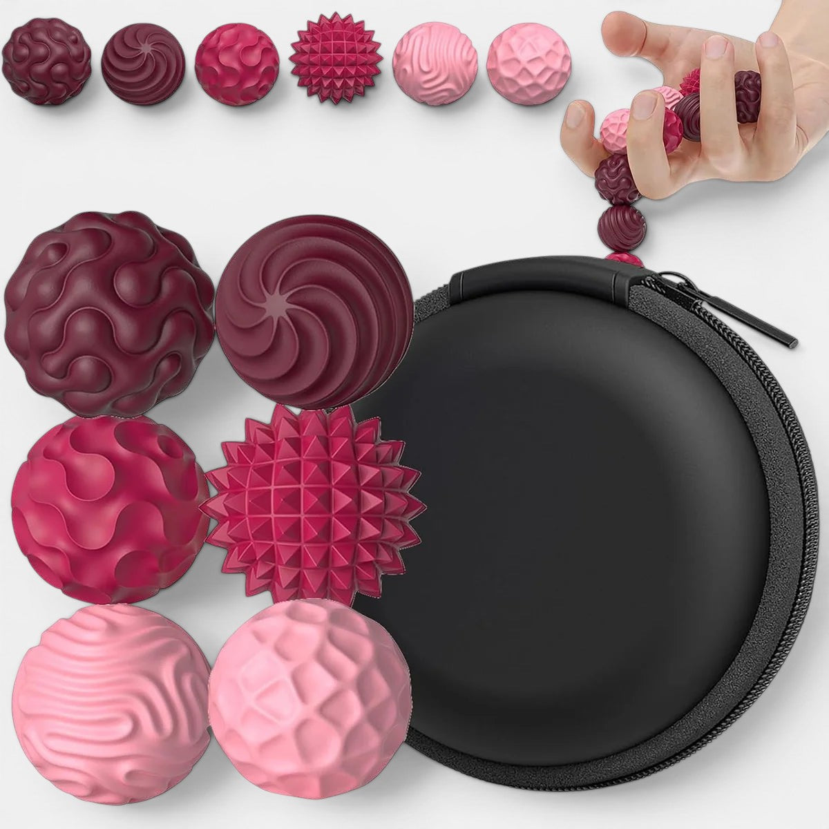 Balles sensorielles magnétiques Montessori, lot de 6, différentes textures et couleurs (rose, fuchsia, bordeaux), idéales pour la relaxation et la stimulation.