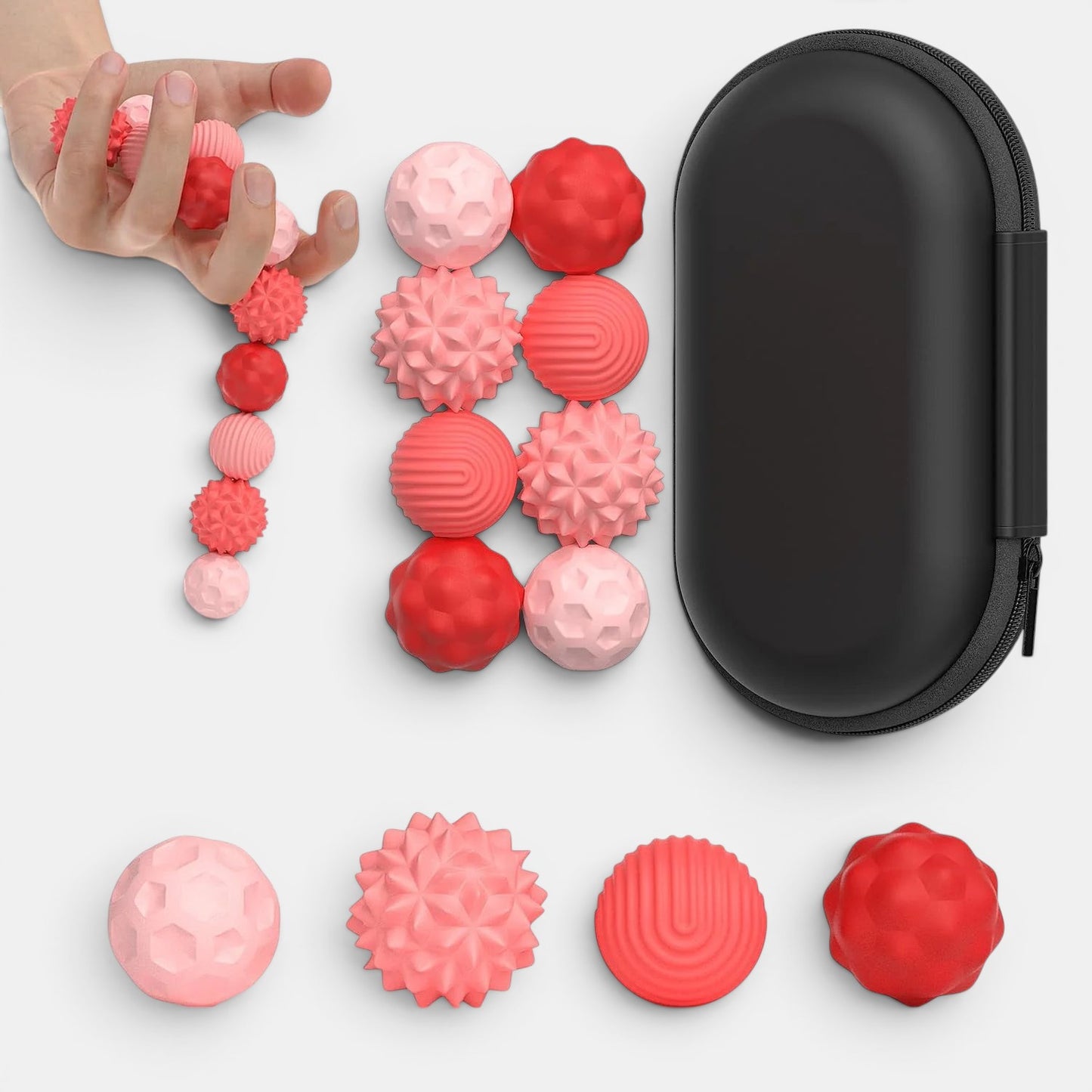 Balle sensorielle magnétique Montessori rose et rouge, lot de 12 balles texturées pour la relaxation et la stimulation des sens.
