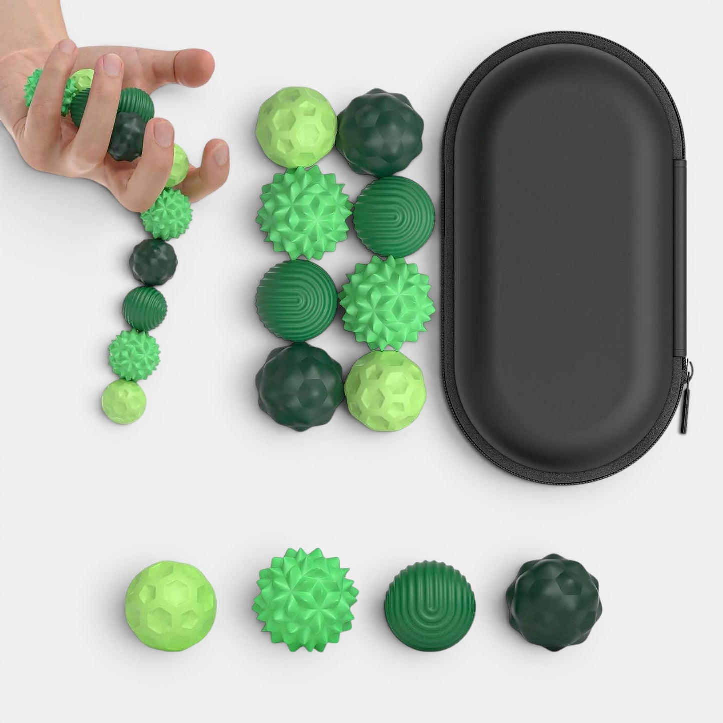 Balle sensorielle magnétique Montessori verte, lot de 12 balles texturées pour la relaxation et la concentration, avec étui de rangement.
