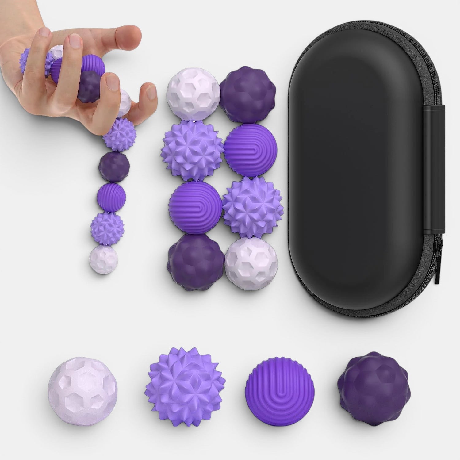 Petit Éveil Montessori balle sensorielle magnétique, lot de 12 balles texturées violettes et blanches pour la relaxation et la concentration.